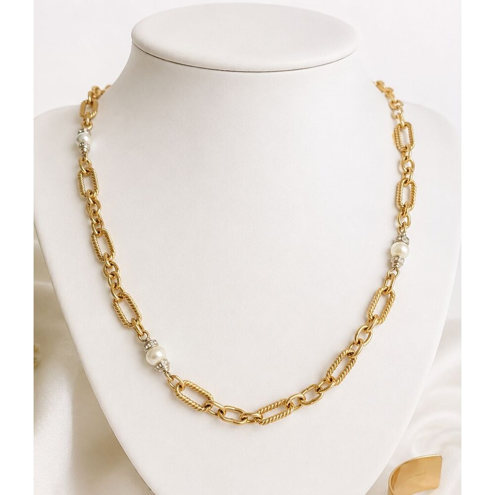 Chunky Gold Rope Link Pearl Station Necklace & Wide Open Cuff Bracelet Set
